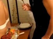 Girl tied like turkey and ball gagged on table cc 13/16