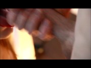 Redhead gives a perfect blowjob to a stranger. red lipstick 16/16