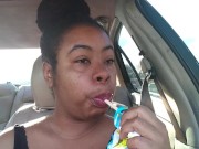 Ebony Big Lips Sucking Ice cream Pop Outside in Car - Cami Creams 15/16