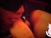 blindfold submissive sperm addict serves under table 10/16