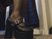 Goth Girl Shows Off New Black Platform Heels and Fishnet Stocking Feet 5/16