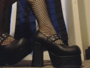 Goth Girl Shows Off New Black Platform Heels and Fishnet Stocking Feet 9/16