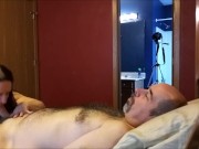 George Lays Back While Missy Licks His Balls and Sucks His Uncut Dick