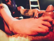 Teasin with my tootsies: crossdress footjob from tattooed goth girl