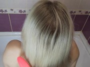 Blowjob in the bathroom, cums on wet and dirty hair, wet wife 2/16