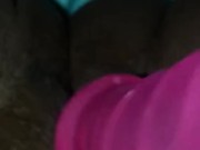 Quick morning cum with pink ebony pussy and dildo