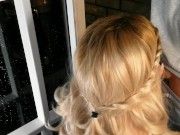 Hot blonde smokes on the balcony and sucks a dirty dick 9/16