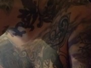 Chubby tattooed big tits almost got caught smoking naked. 3/16