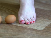 Fat legs bare feet mercilessly trampled banana and raw eggs. Crush Fetish. 1/16