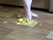 Fat legs bare feet mercilessly trampled banana and raw eggs. Crush Fetish. 10/16