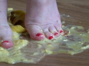 Fat legs bare feet mercilessly trampled banana and raw eggs. Crush Fetish. 14/16