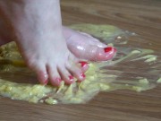 Fat legs bare feet mercilessly trampled banana and raw eggs. Crush Fetish. 15/16
