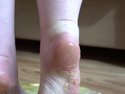 Fat legs bare feet mercilessly trampled banana and raw eggs. Crush Fetish. 16/16