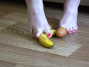 Fat legs bare feet mercilessly trampled banana and raw eggs. Crush Fetish. 5/16