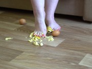 Fat legs bare feet mercilessly trampled banana and raw eggs. Crush Fetish. 8/16