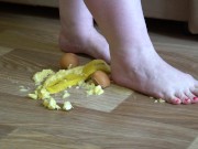 Fat legs bare feet mercilessly trampled banana and raw eggs. Crush Fetish. 9/16