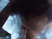 Great POV action with bubble butt girl, tattooed dude drinking his own cum! 14/16