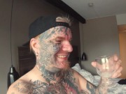 Great POV action with bubble butt girl, tattooed dude drinking his own cum! 16/16