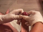 Wife in doctor gloves gives best sloppy handjob with cum blast