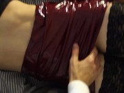 Amateur girl fingering till orgasm and cumming on her latex skirt 3/16