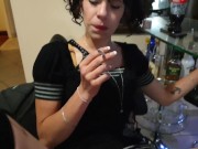 pigtail girl smoking cigarette in short dress shows off pussy and asshole 9/16