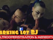 Milf and teen girl share cock In parking lot, blowjob and titfuck