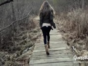 Small tits teen creampie at park, risky public outdoor sex almost caught—4K 16/16