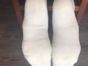 STUDENT GIRL SHOWS WHITE SOCKS AND FEET AFTER STUDYING. 13/16