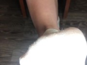 STUDENT GIRL SHOWS WHITE SOCKS AND FEET AFTER STUDYING. 7/16