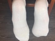 STUDENT GIRL SHOWS WHITE SOCKS AND FEET AFTER STUDYING. 8/16