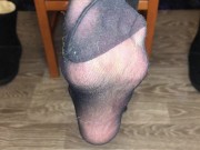 Student girl show nylon socks, boots and foot after study 10/16