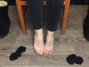 Student girl show nylon socks, boots and foot after study 13/16
