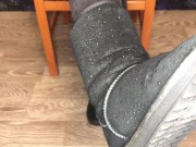 Student girl show nylon socks, boots and foot after study 2/16