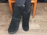 Student girl show nylon socks, boots and foot after study 3/16