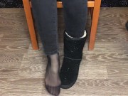 Student girl show nylon socks, boots and foot after study 5/16