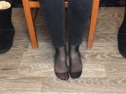 Student girl show nylon socks, boots and foot after study 6/16
