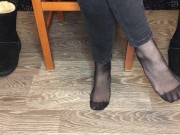 Student girl show nylon socks, boots and foot after study 7/16