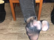 Student girl show nylon socks, boots and foot after study 8/16