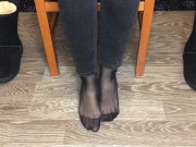 Student girl show nylon socks, boots and foot after study 9/16