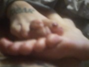 Late night footjob with cumshot rubbed into toes 2/16