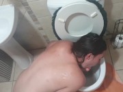 Human toilet teen sucking and licking piss covered dildo in toilet 5/16