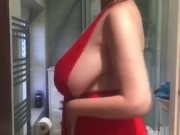 Annabel’s red satin halter neck negligee shower play  1/16