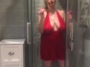 Annabel’s red satin halter neck negligee shower play  11/16