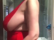 Annabel’s red satin halter neck negligee shower play  4/16