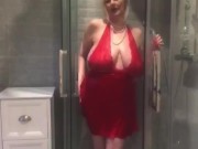 Annabel’s red satin halter neck negligee shower play  7/16