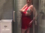 Annabel’s red satin halter neck negligee shower play  8/16