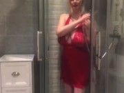 Annabel’s red satin halter neck negligee shower play  9/16