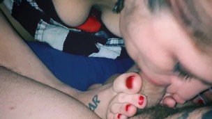 Redhead emo girl gives footjob blowjob combo with oral creampie