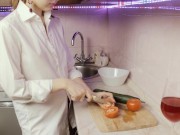 He gets excited in the kitchen and ends up fucking himself with a cucumber. 1/16