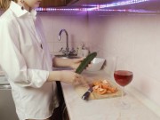 He gets excited in the kitchen and ends up fucking himself with a cucumber. 2/16